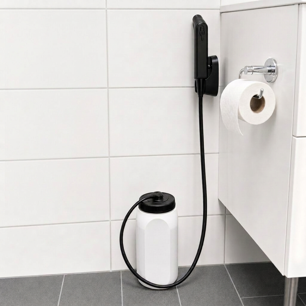 RinseFlow mounted beside a toilet